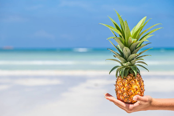 Frische Mini-Ananas an Frauenhand am tropischen Strand und im Hintergrund des Meeres. Tropischer Sommer  - Foto, Bild