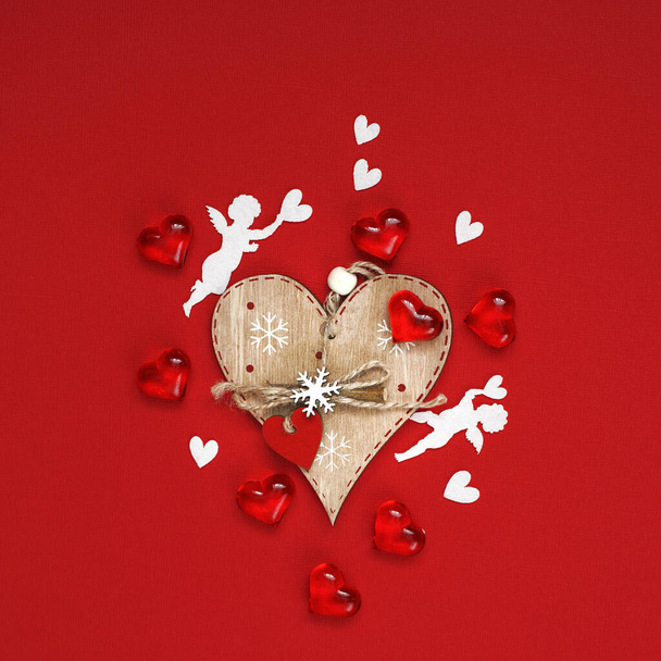 Valentine's Day Square concept with white hearts on red background. Flat lay, copy space . High quality photo - Foto, Bild