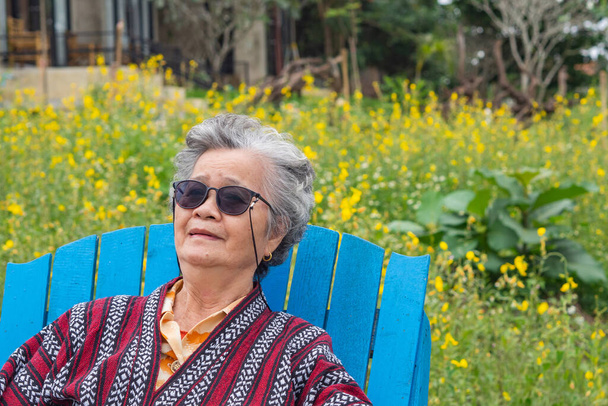 Ritratto di una donna anziana con gli occhiali da sole seduta accanto al lago. Spazio per il testo. Concetto di persone anziane e relax. - Foto, immagini