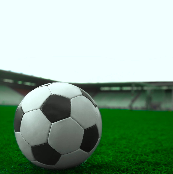 white and black soccer ball on green grass and stadium background. sports betting idea - Foto, Imagen