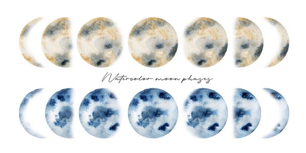 Aquarell künstlerische Mondphasen Sammlung, handgemalte isolierte Illustration auf weißem Hintergrund - Foto, Bild