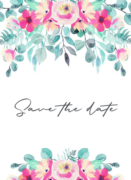 Card template with watercolor pink flowers, wildflowers, green leaves, branches and eucalyptus;  hand painted isolated illustrations on a white background, Save the date card design - Photo, Image
