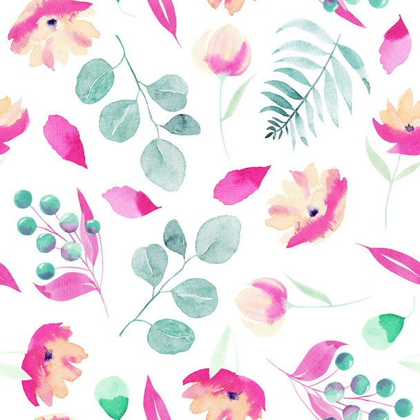 Watercolor spring pink wildflowers, berries, eucalyptus branches and leaves seamless pattern, hand painted on a white background - Φωτογραφία, εικόνα