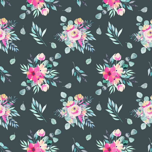 Watercolor spring floral bouquets, branches and leaves seamless pattern, hand painted on a dark background - Photo, Image