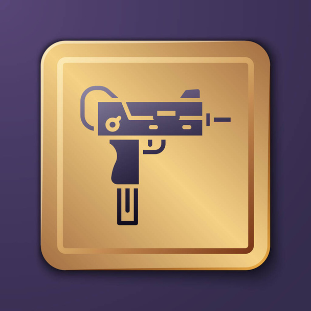Purple UZI submachine gun icon isolated on purple background. Automatic weapon. Gold square button. Vector. - Vector, Image