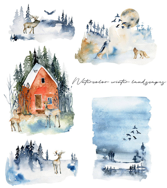 Kolekcja akwarelowych krajobrazów zimowych ze zwierzętami leśnymi, ręcznie narysowana pojedyncza ilustracja na białym tle - Zdjęcie, obraz