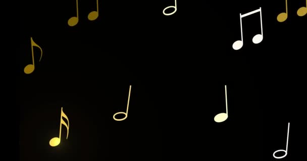 Vliegende muzieknoten op zwart scherm. Gouden muzieknotatie symfonietekens, noten voor klankmuziek. Naadloze lussen video. Schot in 4k resolutie met 60 Frame per seconde - Video