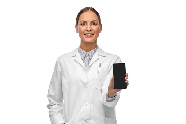happy female doctor or scientist with smartphone - Fotoğraf, Görsel