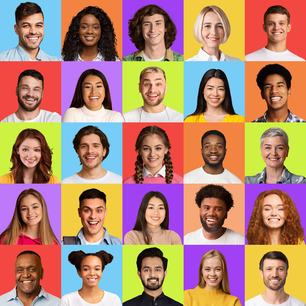カラフルな背景を持つ幸せな多文化の人々の顔の正方形のコラージュ - 写真・画像