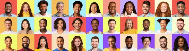 Retratos multiétnicos de personas reales en collage sobre fondos de color, Panorama - Foto, imagen