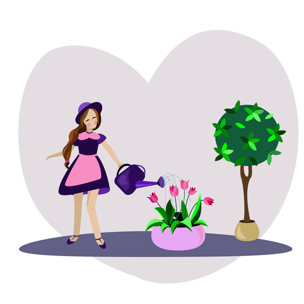 A cute girl is dressed in a purple dress and a hat. She holds a watering can in her hand. Girl watering tulips in a pot. Vector illustration. - Vector, Image