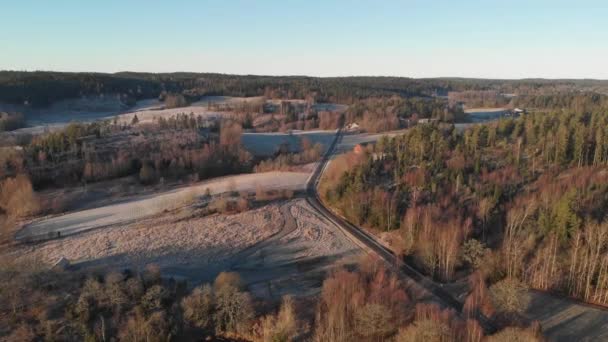 Landstraße in gefrorener Landschaft Wald Luftlinie vorwärts - Filmmaterial, Video