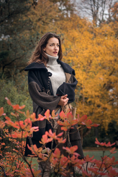 young woman walks in the park in the fall season, welcome autumn, - Foto, afbeelding