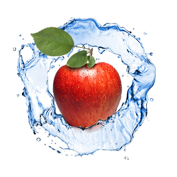 red apple with leaves and water splash isolated on white - Φωτογραφία, εικόνα