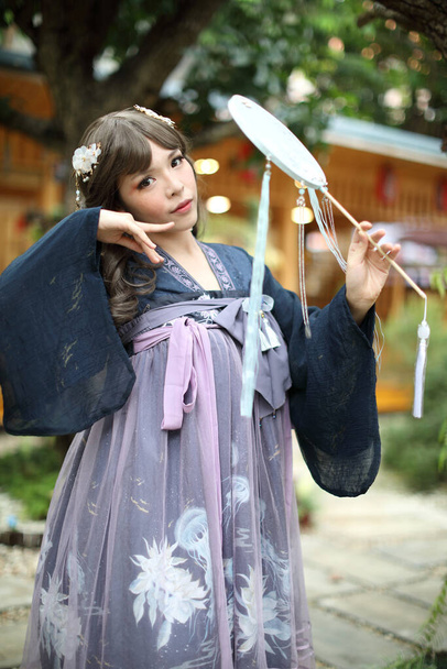 Portrait d'une fille avec costume de robe de lolita chinoise avec jardin chinois - Photo, image