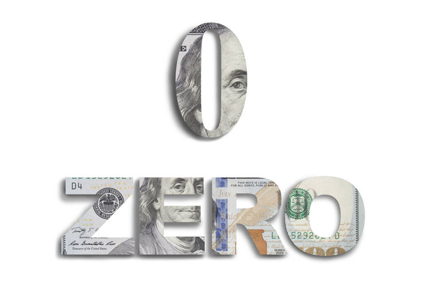 Abbildung des Wortes ZERO und der Ziffer Null aus 100-Dollar-Scheinen. - Foto, Bild