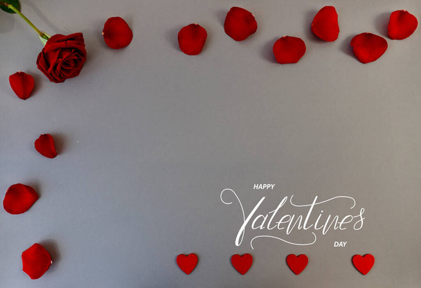 Happy Valentine's day! Card, online banner, greeting card, Flat lay on Valentine's Day With red roses - Fotó, kép