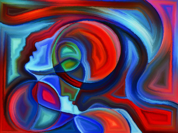 Diseño pintado vibrante de cabezas humanas sobre el tema de la relación humana. - Foto, Imagen