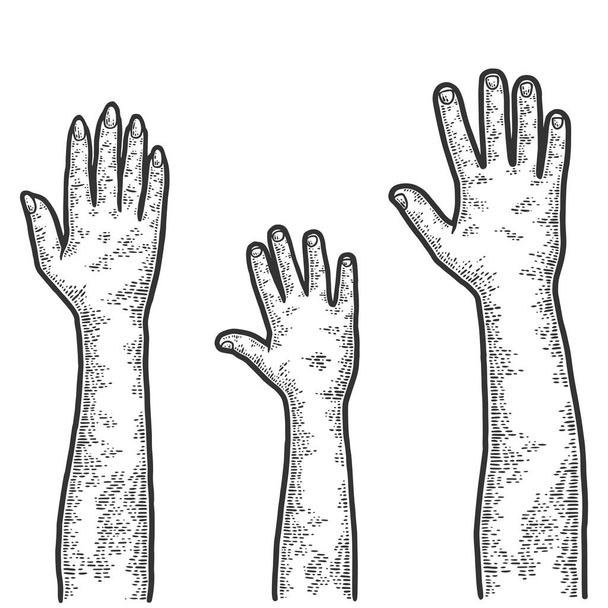 Tres manos, listas. Hombre, mujer y niño. Grabado ilustración raster. - Foto, Imagen