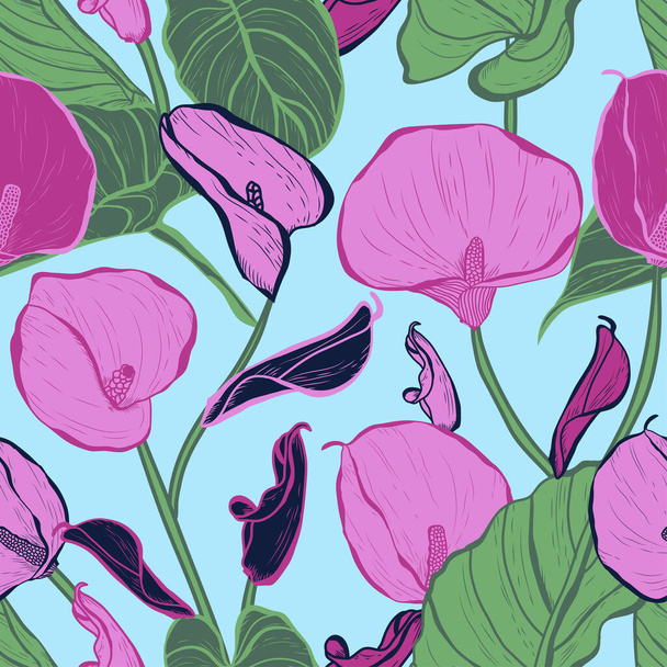 Elegant seamless pattern with calla lily flowers, design elements. Floral  pattern for invitations, cards, print, gift wrap, manufacturing, textile, fabric, wallpapers - Vettoriali, immagini