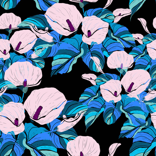 Elegant seamless pattern with calla lily flowers, design elements. Floral  pattern for invitations, cards, print, gift wrap, manufacturing, textile, fabric, wallpapers - Vektör, Görsel