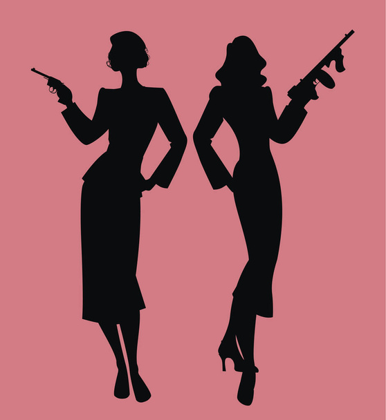 Elegant silhouettes of two ladies retro style, wearing elegant clothes and armed with submachine and gun. Classic film noir style.  - Vector, Image
