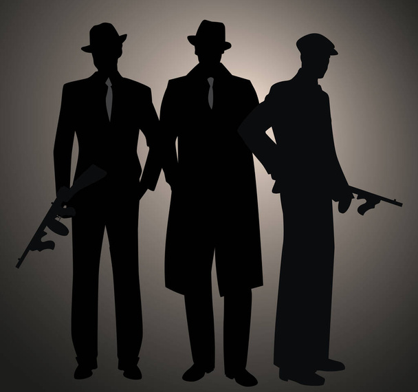 Три силуэта в стиле ретро, в шляпе и кепке. Бандиты с пистолетом-пулеметом. Мафия. 1920-е и 1930-е годы.  - Вектор,изображение