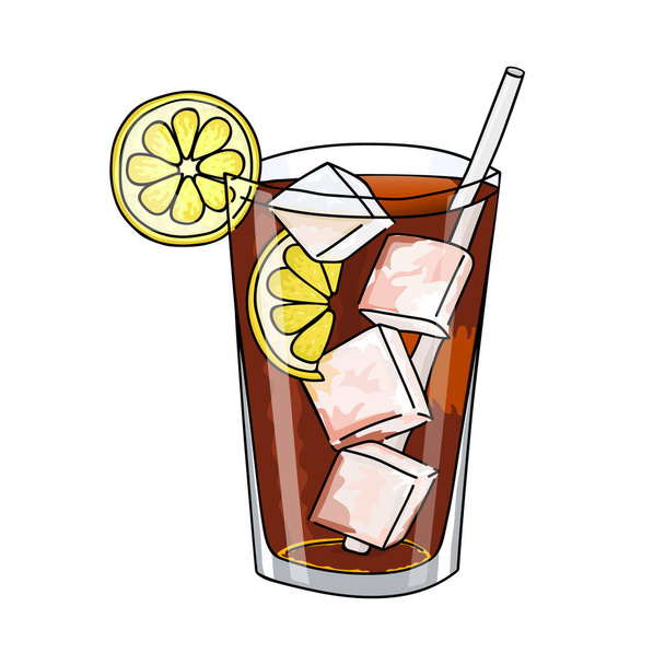 Glass of Long Island Ice Tea cocktail, ice cubes and lemon slice. Hand drawing. Vector illustration. cartoon style. Summer cold drink. Ice tea cocktail poster. - Вектор,изображение