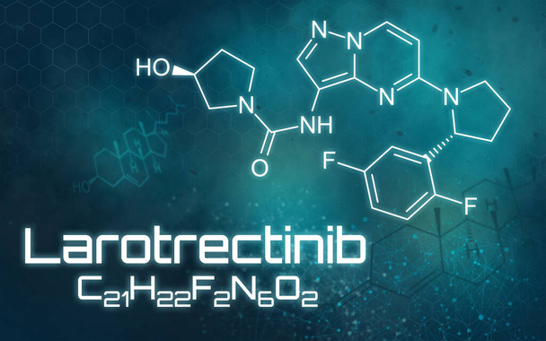 Chemische Formel von Larotrectinib auf futuristischem Hintergrund - Foto, Bild