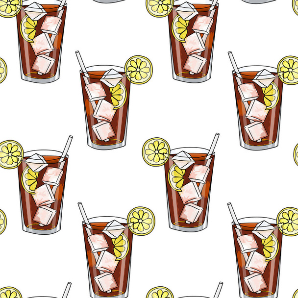 Seamless pattern glass of Long Island Ice Tea, lemon slice, ice cubes and cocktail tube . Hand drawing. Vector illustration. cartoon style. - Vektor, Bild