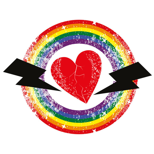 Wektorowy obraz czerwonego serca otoczonego okrągłą tęczą i dwoma czarnymi symbolami błyskawicy. Idealny projekt z okazji Walentynek - Wektor, obraz