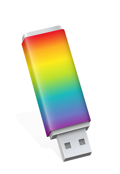 Gökkuşağı renginde USB bellek, tek renkli komik flaş bellek. Beyaz arkaplanda izole vektör illüstrasyonu. - Vektör, Görsel
