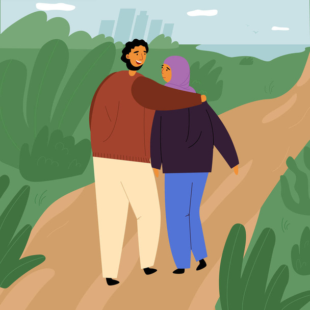 Στην αγάπη ζευγάρι περπάτημα, κοιτάζει ο ένας τον άλλον, μιλάει και αγκαλιάζει. Άραβας Μουσουλμάνος αγκαλιάζει το κορίτσι ή τη γυναίκα του με χιτζάμπ. - Διάνυσμα, εικόνα