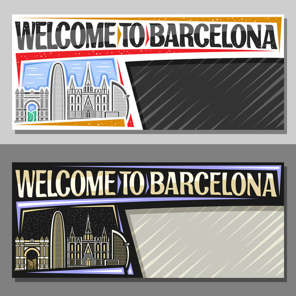Layout vettoriali per Barcellona con spazio copia, voucher decorativo con illustrazione schematica del paesaggio urbano di Barcellona il giorno e sfondo cielo crepuscolo, coupon turistico di design con parole benvenuto a Barcellona - Vettoriali, immagini