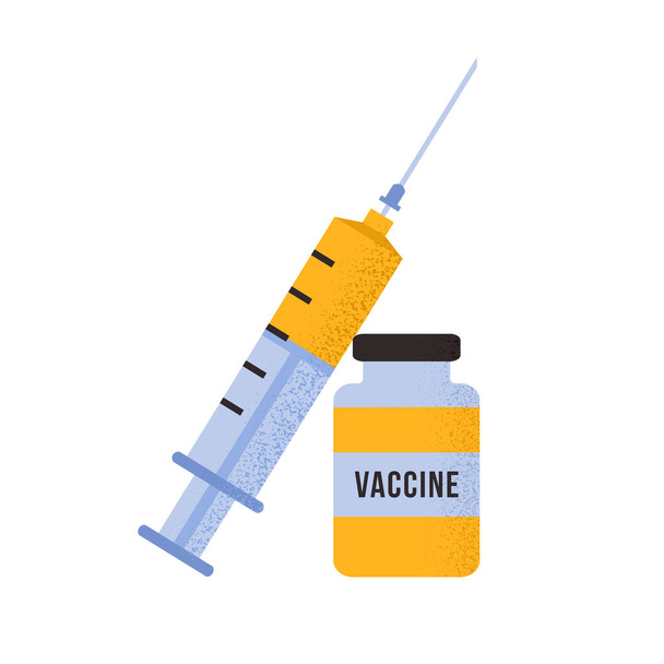 Illustrazione vettoriale della siringa medica e del flacone del vaccino COVID-19. Concetto di vaccinazione, coronavirus, immunizzazione isolata su fondo bianco - Vettoriali, immagini
