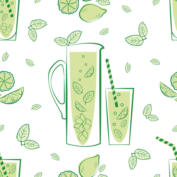 Menthe pichet de limonade et verre vecteur fond de motif sans couture. Fond vert rétro blanc avec pot style line art, verres à boissons, pailles, citrons, citrons verts, feuilles de menthe. Répétition des boissons pour l'été - Vecteur, image