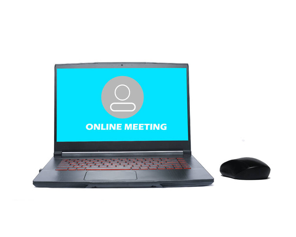 A picture of a laptop and wireless mouse on white background. Online meeting and conference is famously use during Covid-19 outbreak - Photo, Image