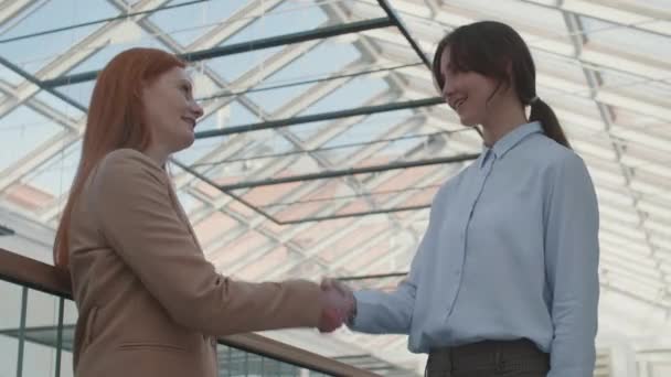 Low angle view of two successful businesswomen wearing elegant office clothes standing together in office hall, shaking hands and talking - Felvétel, videó