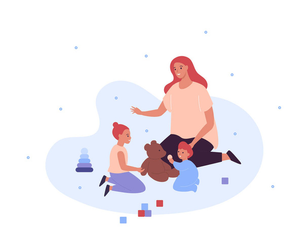 Jeu de famille ensemble concept. Illustration vectorielle à plat. Mère assise et jouant avec sa fille et son fils. Cubes, jouets pyramidaux et ours. L'éducation par le jeu. - Vecteur, image
