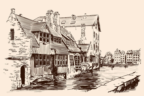 Landschap van een Europese stad met oude bakstenen huizen en een rivierkanaal. Handgemaakte schets op beige achtergrond. - Vector, afbeelding