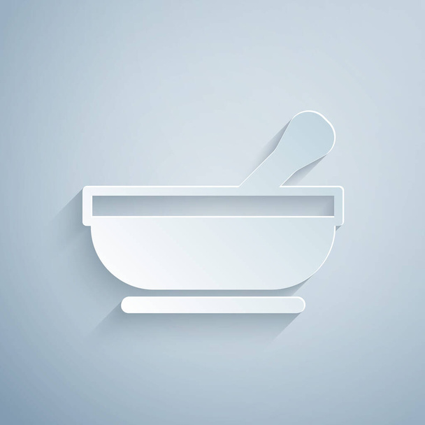 Paper cut Mortar and pestle icon isolated on grey background. Paper art style. Vector - Vector, Image