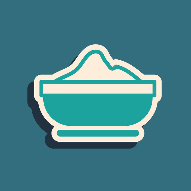 Icono del tazón de harina verde aislado sobre fondo verde. Ingredientes para hornear. Alimento orgánico saludable. Utensilios de cocina taza. Cocinar masa. Estilo de sombra larga. Vector - Vector, Imagen