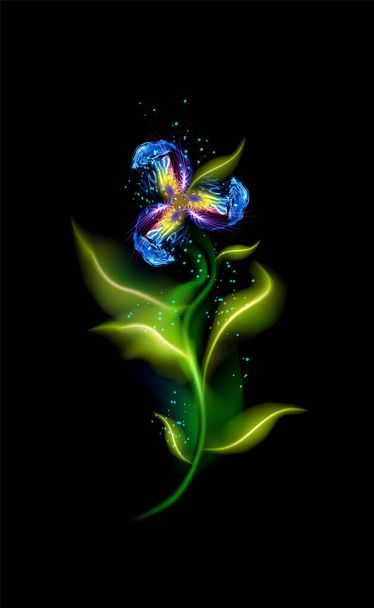 Colorful glowing blue flower. Modern ornamental floral element in black background. Beautiful trendy illuminated ornaments with decorative luxury glow for your design in vector illustration EPS 10 - Vector, Imagen