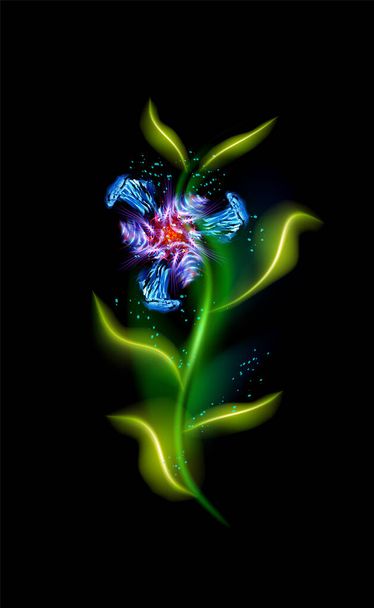 Moderní zářící modrá květina. Barevný kosmický květinový prvek v černém pozadí. Krásné trendy osvětlené ozdoby s dekorativní luxusní záře pro váš design v vektorové ilustrace. esp 10 - Vektor, obrázek