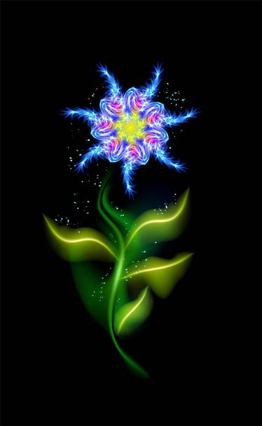 Modern blue flower glowing. Colorful cosmic floral element over black background. Beautiful trendy illuminated ornaments with decorative luxury glow for your design in vector illustration. esp 10 - Vector, Imagen