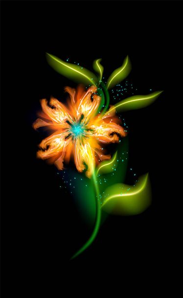 Λαμπερό λουλούδι μοντέρνο πορτοκαλί. Πολύχρωμο διακοσμητικό λουλουδάτο στοιχείο σε μαύρο φόντο. Όμορφα μοντέρνα φωτισμένα στολίδια με διακοσμητική πολυτελή λάμψη για το σχεδιασμό σας στην διανυσματική απεικόνιση EPS 10 - Διάνυσμα, εικόνα