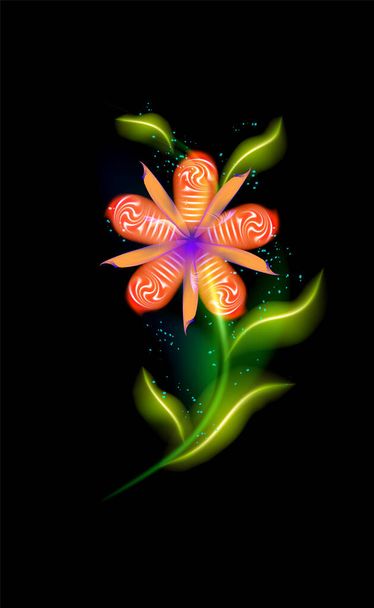 Colorful glowing red flower. Beautiful trendy ornamental floral fiery element over black. Modern illuminated ornaments with decorative luxury glow for your design in vector illustration. eps 10 - Vektori, kuva