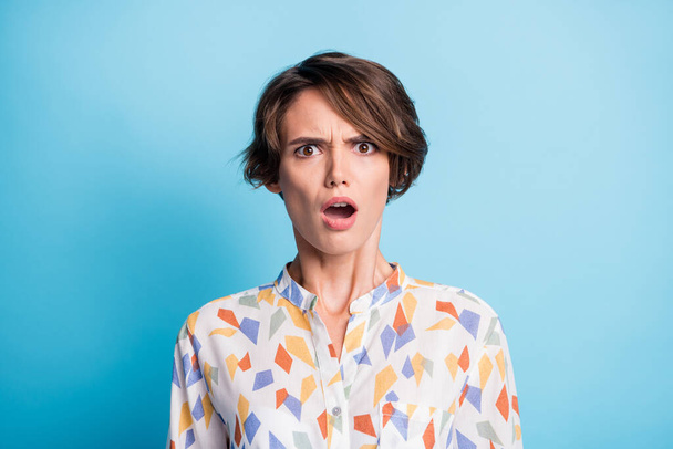 Photo of shocked surprised young attractive woman fake news reaction isolated on vivid blue color background - Foto, Imagen