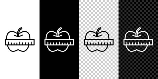 Set line Apple and measuring tape icon isolated on black and white,transparent background. Excess weight. Healthy diet menu. Fitness diet apple.  Vector - Vector, afbeelding