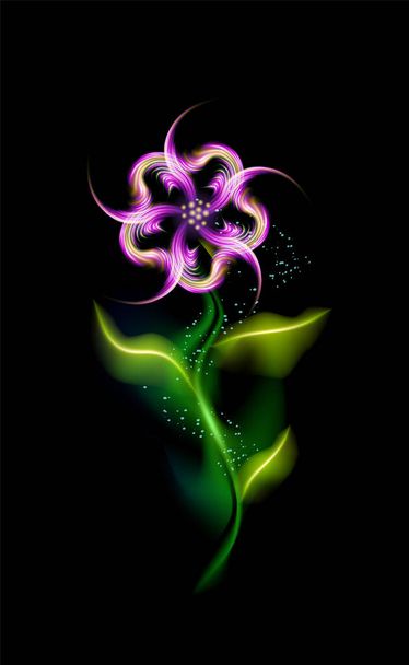 Modern glowing purple flower. Colorful ornamental floral violet element in black background. Beautiful illuminated ornaments with decorative luxury glow for your design in vector illustration. - Vector, afbeelding